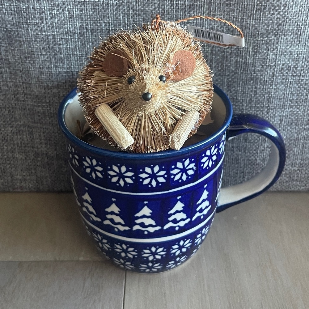 [Set of 2]  Polish Nordic Blue Evergreen Mug + Hedgehog Brush Ornament (NIB/NWT)